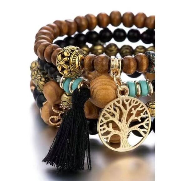 NWT 4 PC Multilayered Brown Wooden Boho Round Beaded Bracelet Jewelry Set - Picture 2 of 4